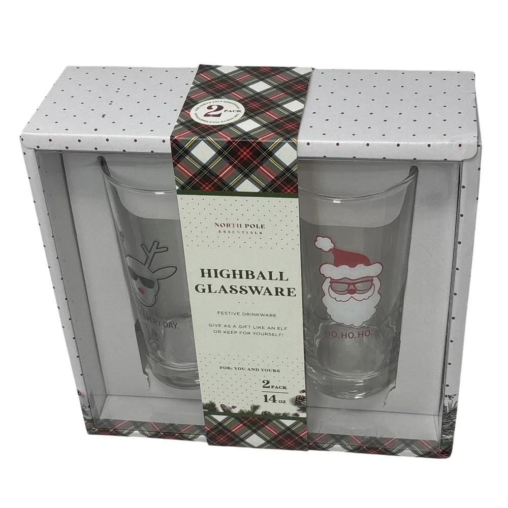 North Pole Essentials Christmas Highball Glasses 2 Pack 14oz Santa Reindeer New